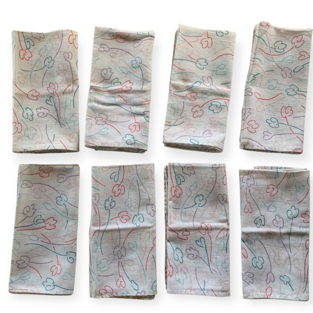 Lot of 8 Vintage 80's Fabric Napkins White Pink Blue Floral Doodle Tulip Print